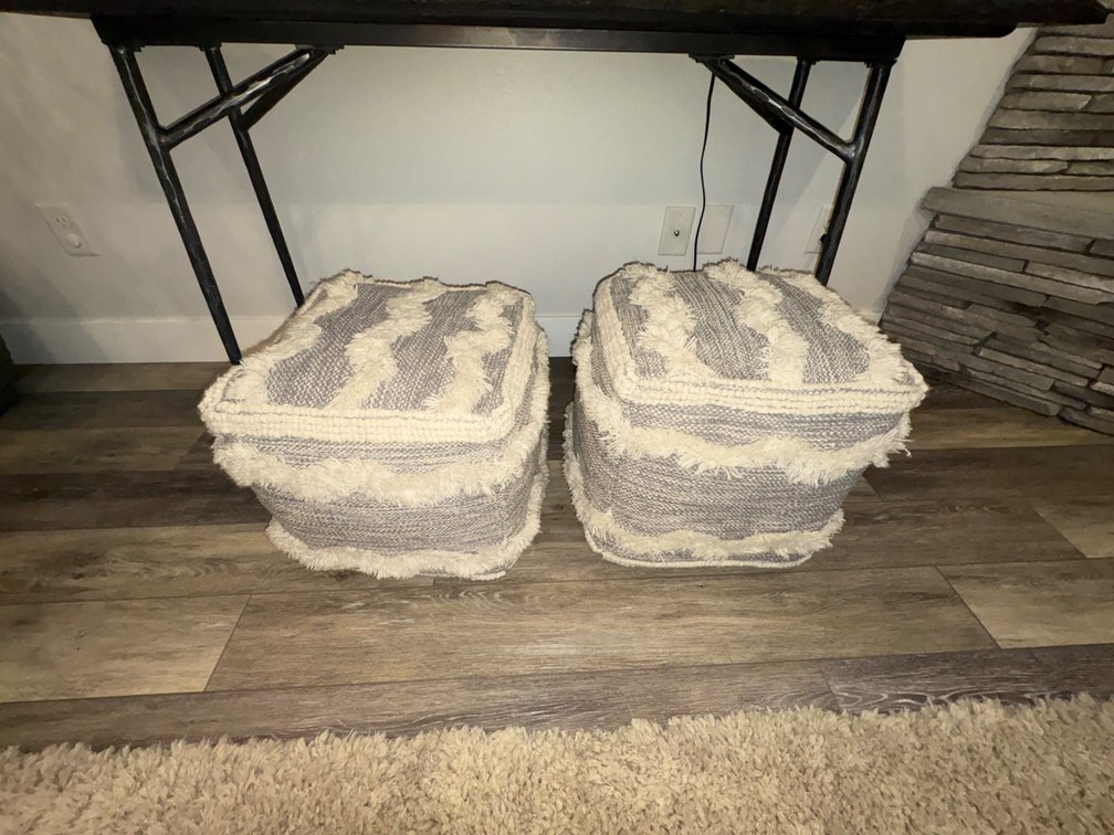 Pair of Woven Square Pouf Ottomans with Fringe