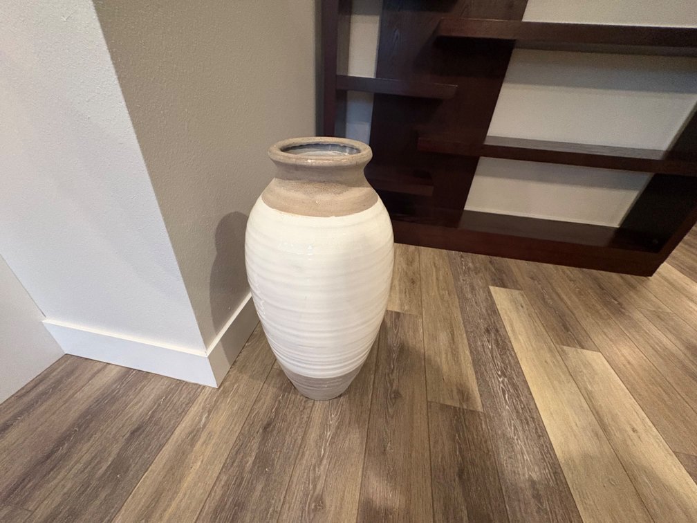 Large Two-Tone Ribbed Ceramic Floor Vase