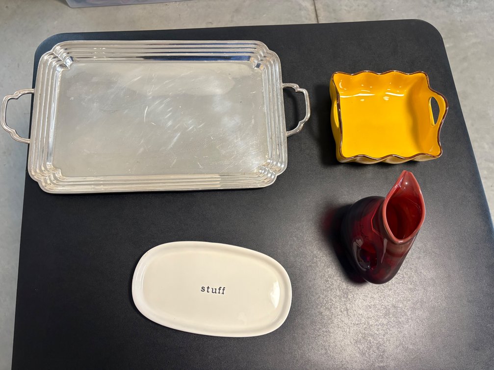 Glass Pitcher, Metal Serving Tray, and Ceramic Dishes