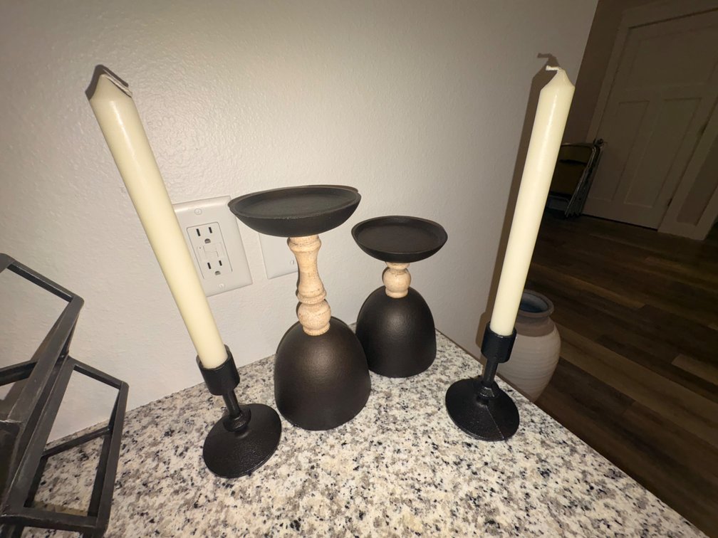 Black Metal and Wood Candle Holders with Taper Candles