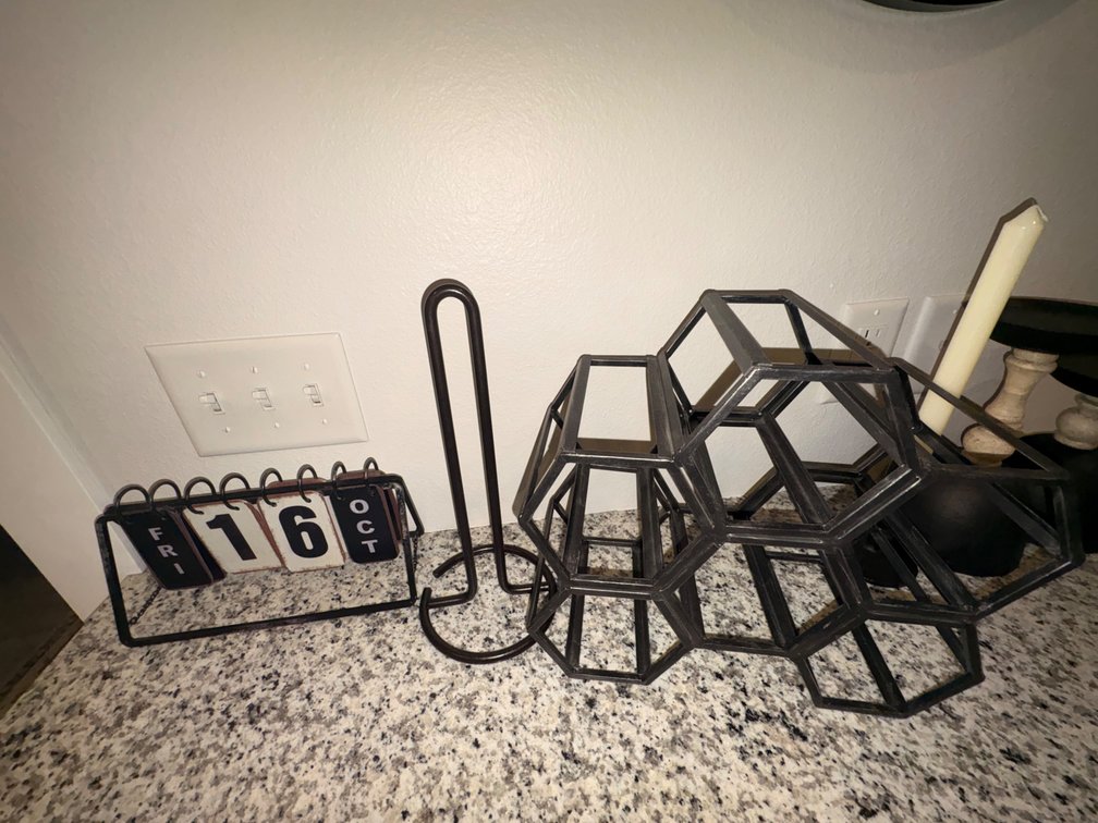 Black Metal Wine Rack, Flip Calendar, and Stand