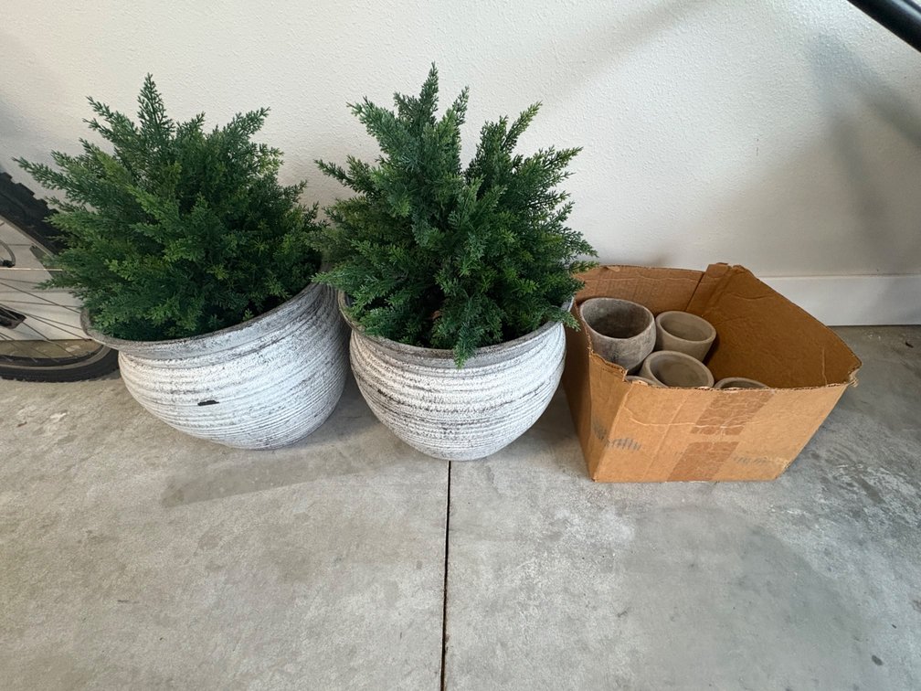 Artificial Potted Evergreens and Concrete Planter Pots