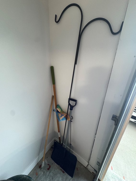 Snow Shovel, Garden Bow Rake, Flag Stand, and Yard Tools