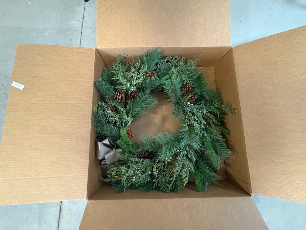 Artificial Evergreen Wreath with Pinecones and Ribbon Bow