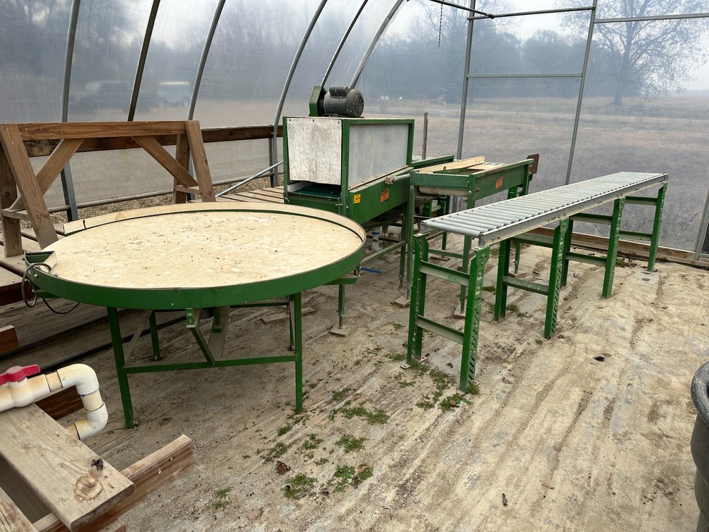 Produce Packing Machinery Vegetable Washer, (2) Roller Sections, Conveyor, and Sorting Table 