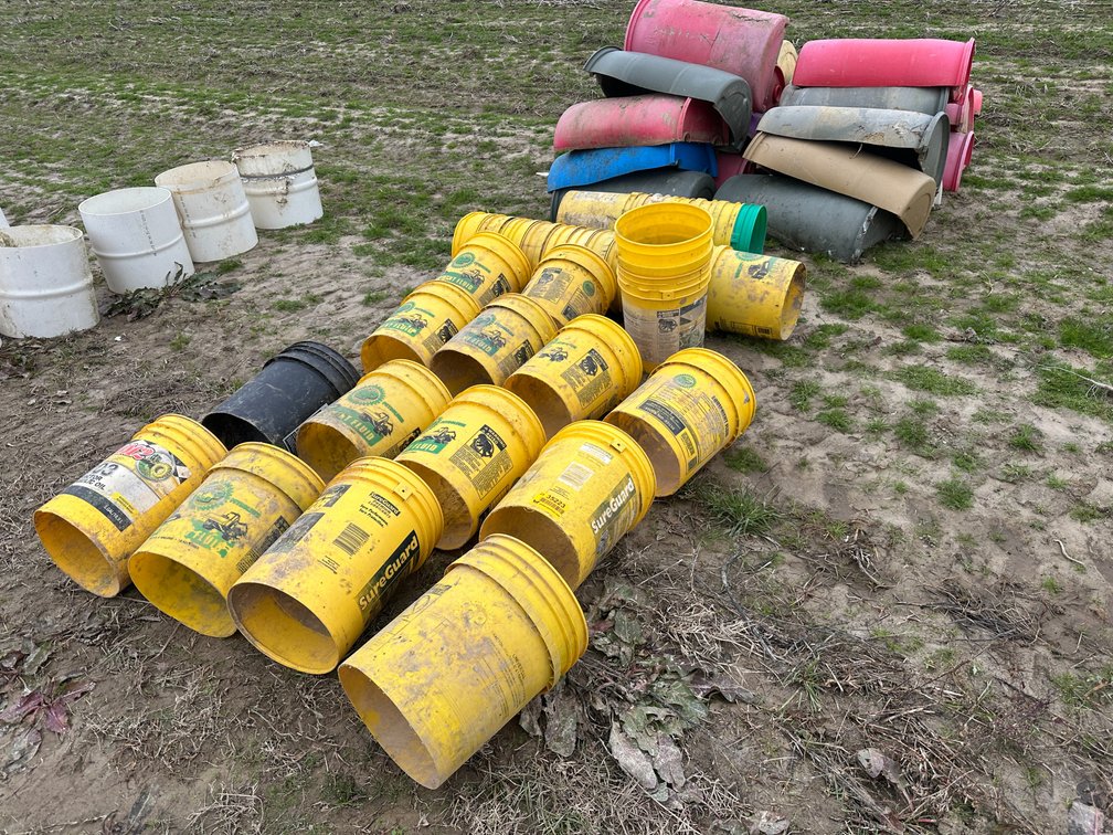 Lot of Water Level Control Buckets & Poly Pipe Barrels