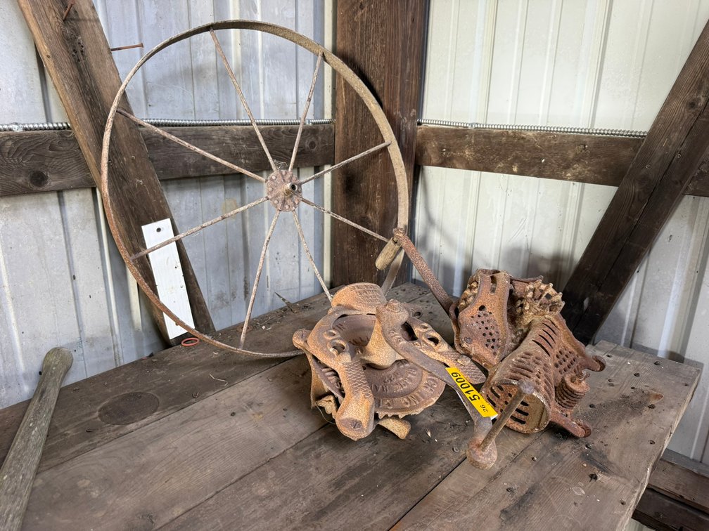 Lot of (2) Antique Corn Shellers & Wagon Wheel INV#51009