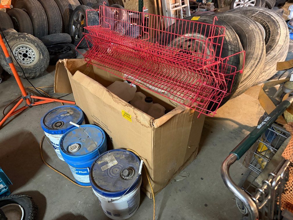 Lot of Jugs, Shelving Racks, Neutral Cleaner Concentrate, Shineline Emulsifier & Floor Finish INV#54469
