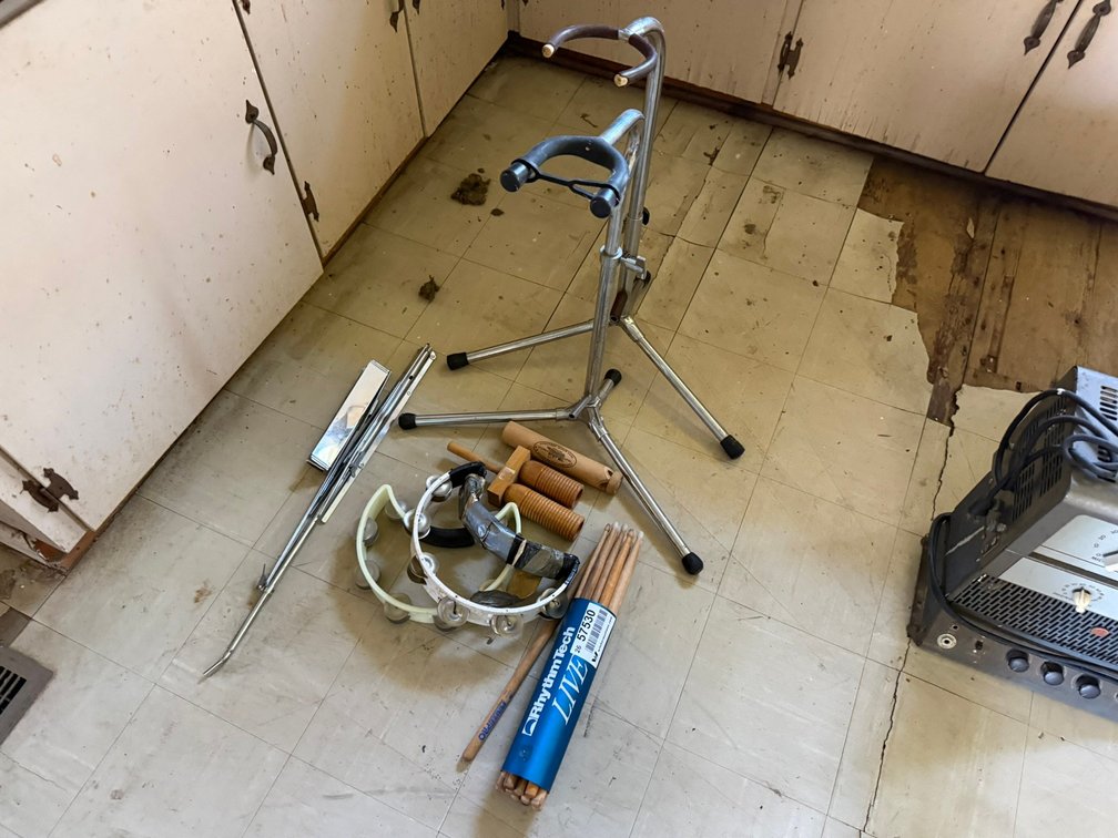 Lot of Drum Sticks, Guitar Stand, and instruments INV#57530