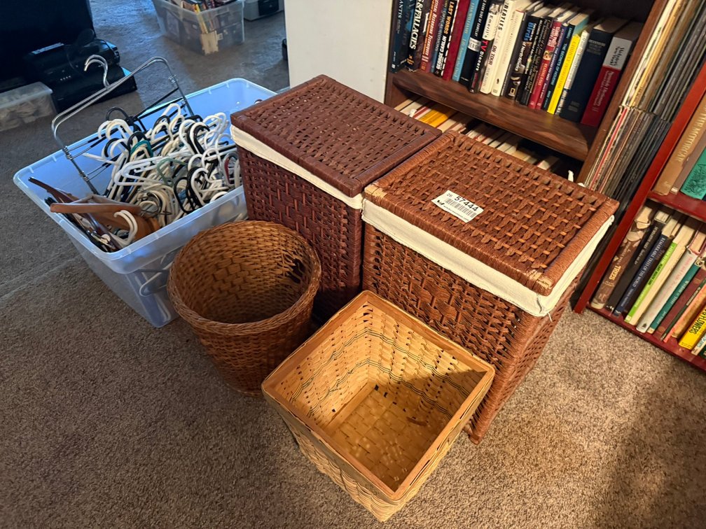 Lot of (2) Wicker Laundry Hampers, (2) Wicker Trash Bins, & Hangers INV#57444
