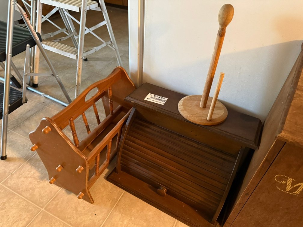 Bread Box, Magazine Stand, & Wooden Paper Towel Holder INV#57462