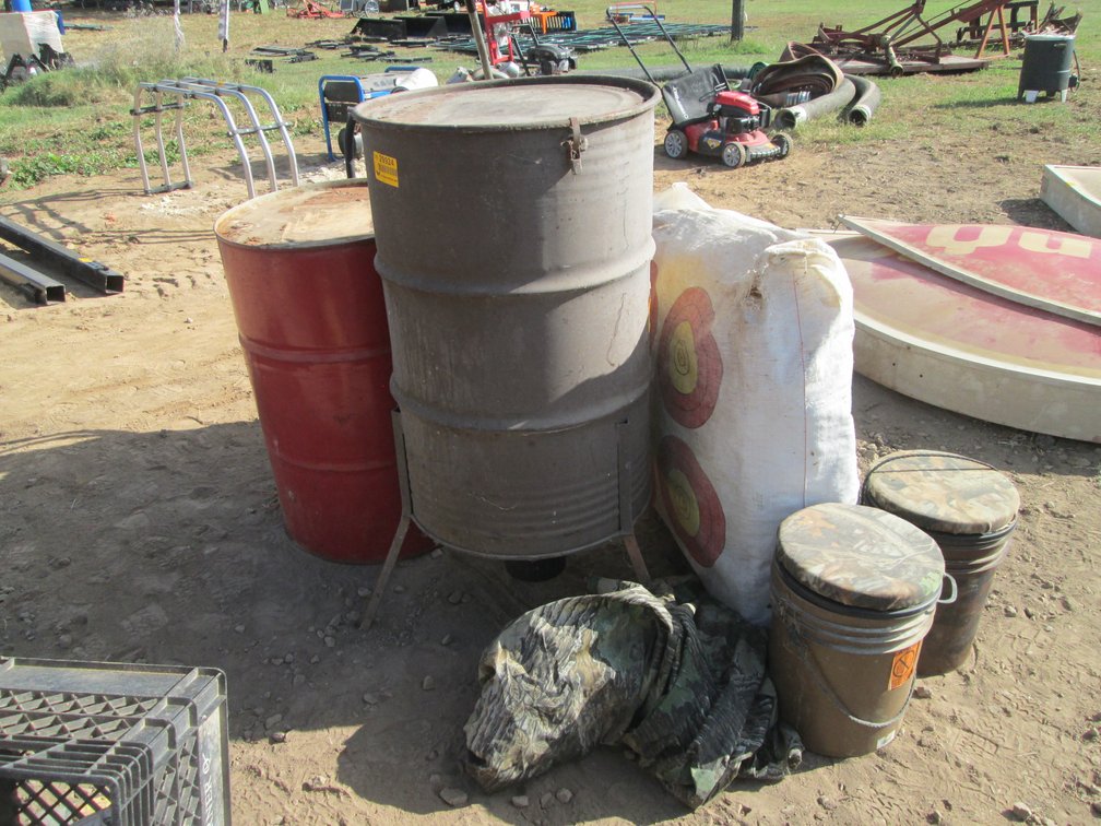 (2) Oil Drums, Deer Feeders & Hunting Supplies   Inv# 29924