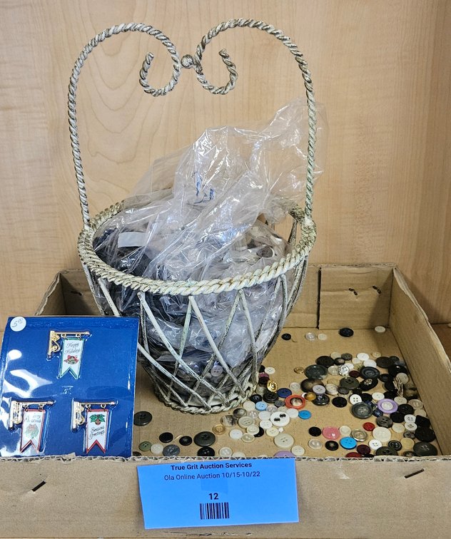 Wire Basket with Sewing Buttons and Holiday Pins