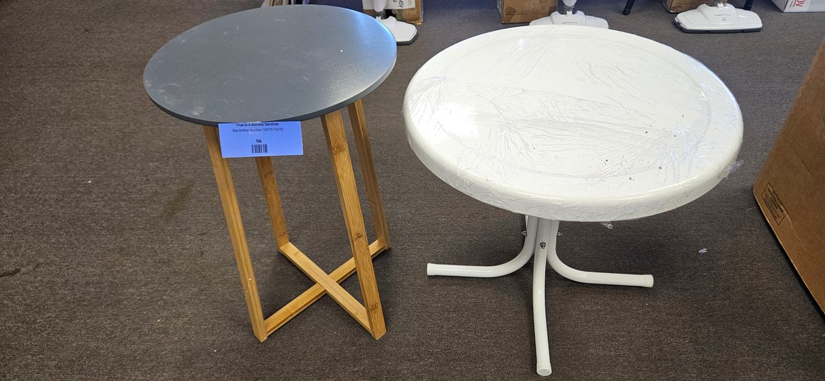Two Round Side Tables with Wood and Metal Bases
