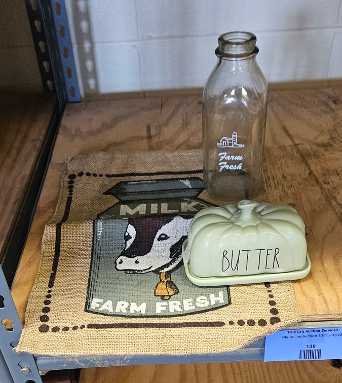 Glass Milk Bottle, Ceramic Butter Dish, and Burlap Mat