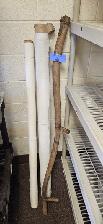 Wooden Scythe Snath and Rolled Canvas Bolts
