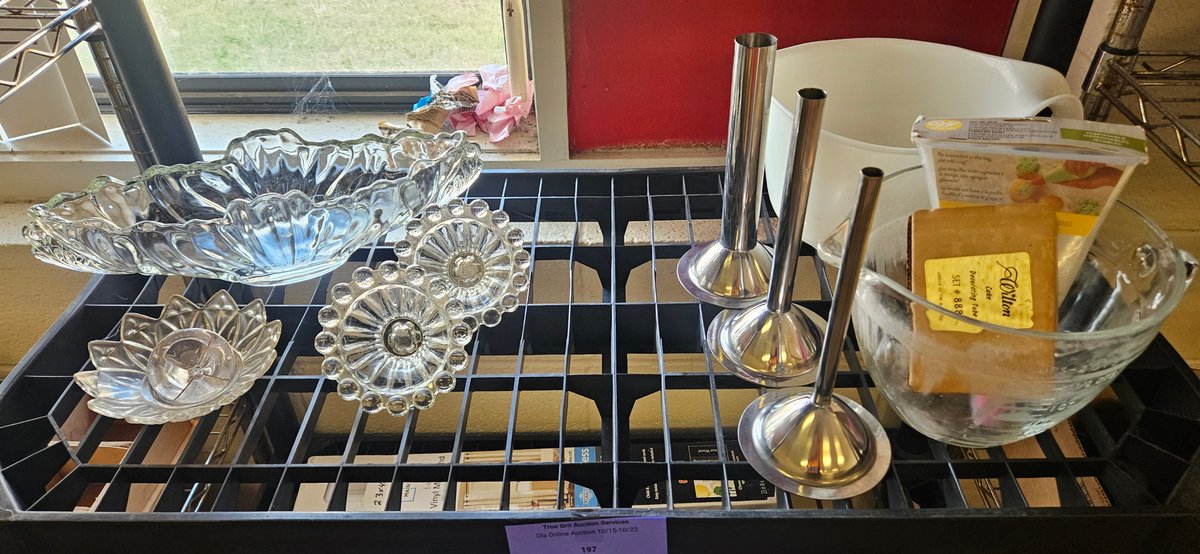 Glassware, Mixing Bowls, Metal Tubes, and Cake Decorating Supplies