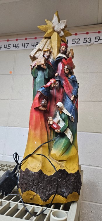 Faux Carved Wood Nativity Pillar Sculpture with Power Adapter