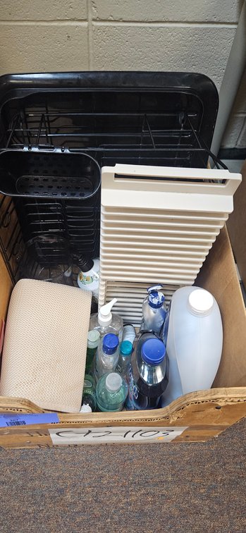 Dish Drying Rack, Cleaning Supplies, Glass Carafe, and More