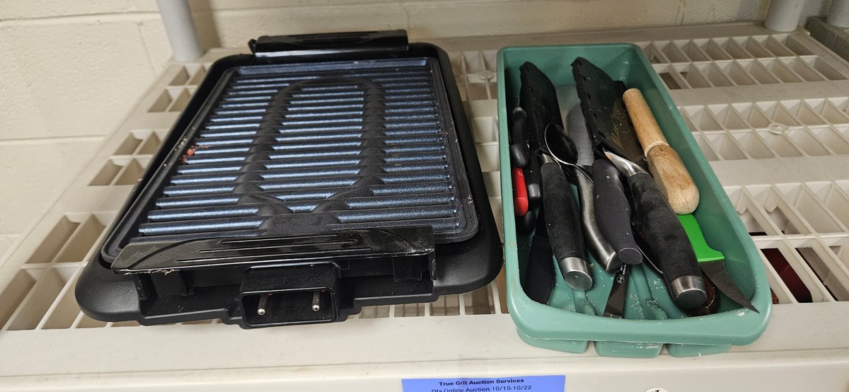 Electric Indoor Grill Plate, Knives, and Kitchen Utensils