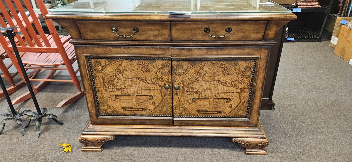 Wood Cabinet with World Map Panels and Glass Top