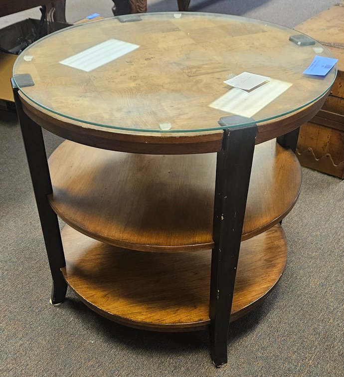 Three-Tier Burl Wood Parquet End Table with Glass Top