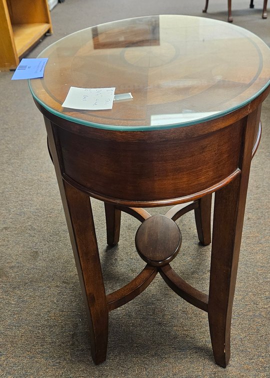 Oval Inlaid Wood Accent Table with Glass Top