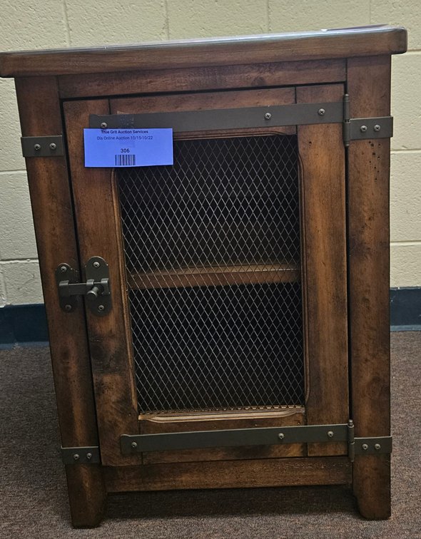 Rustic Wood End Table Cabinet with Wire Mesh Door