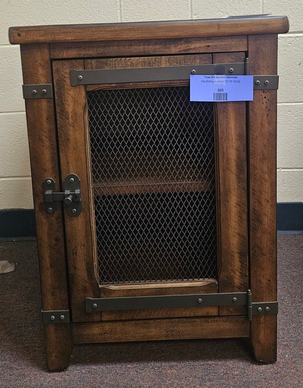 Rustic Wood End Table Cabinet with Wire Mesh Door