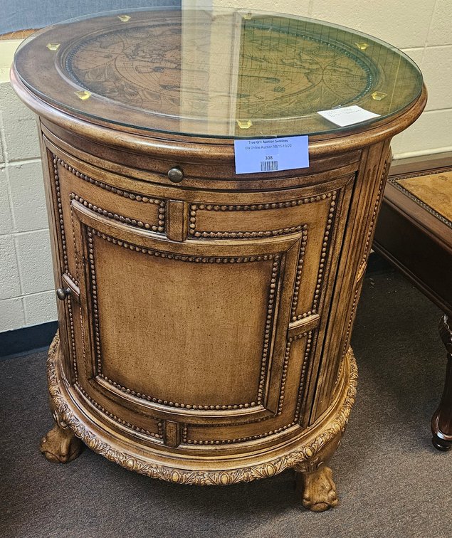 Round Wood Revolving Bar Cabinet with Glass Map Top