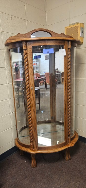 Oak Curved Glass Curio Cabinet with Rope Twist Columns