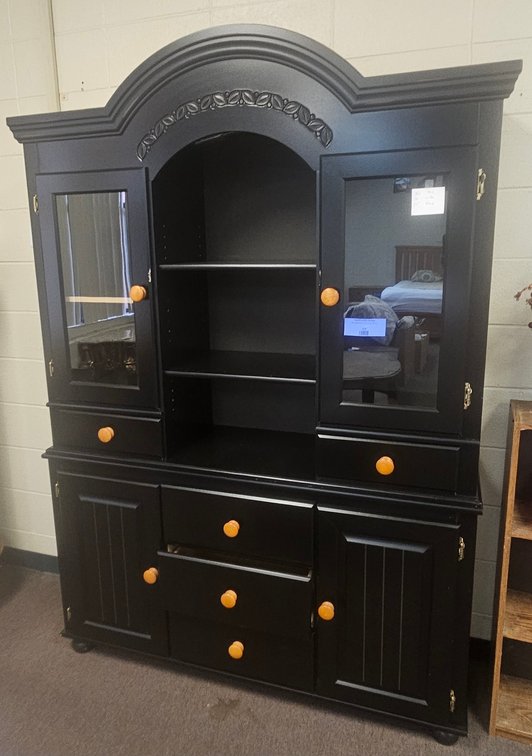 Black Painted Wood Hutch Cabinet with Carved Crest