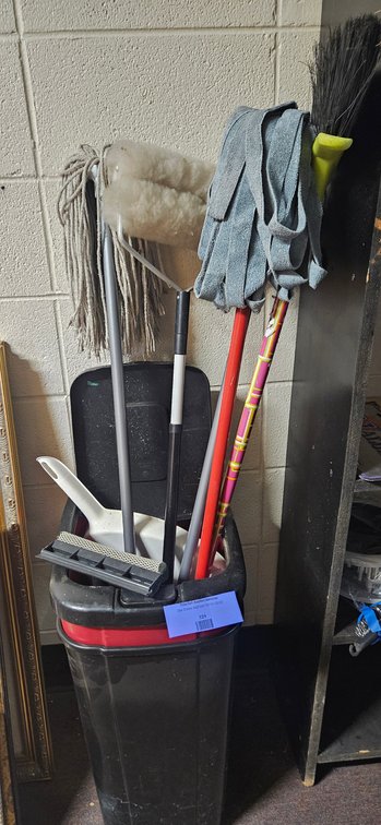 Plastic Trash Can, Mops, Broom, and Cleaning Supplies