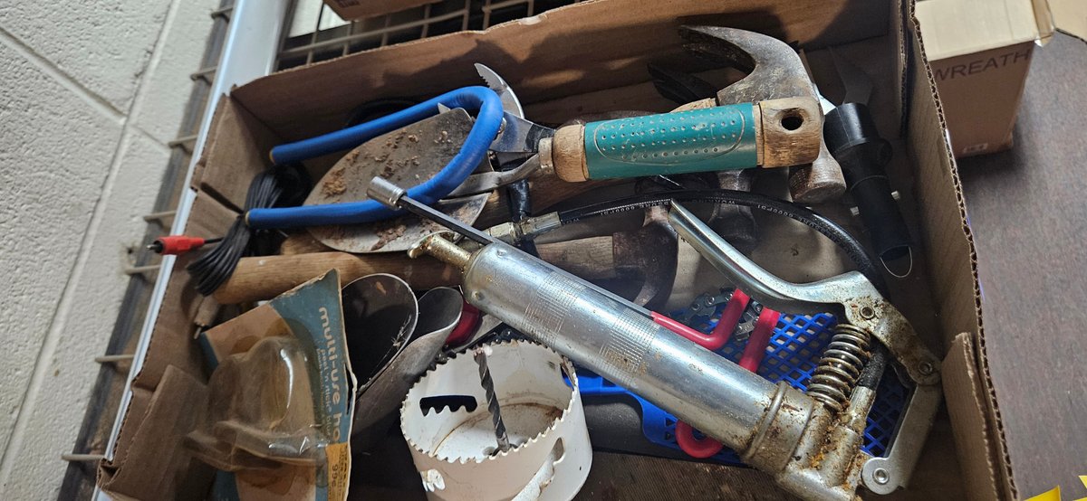 Grease Gun, Claw Hammers, Garden Trowel, and Hardware