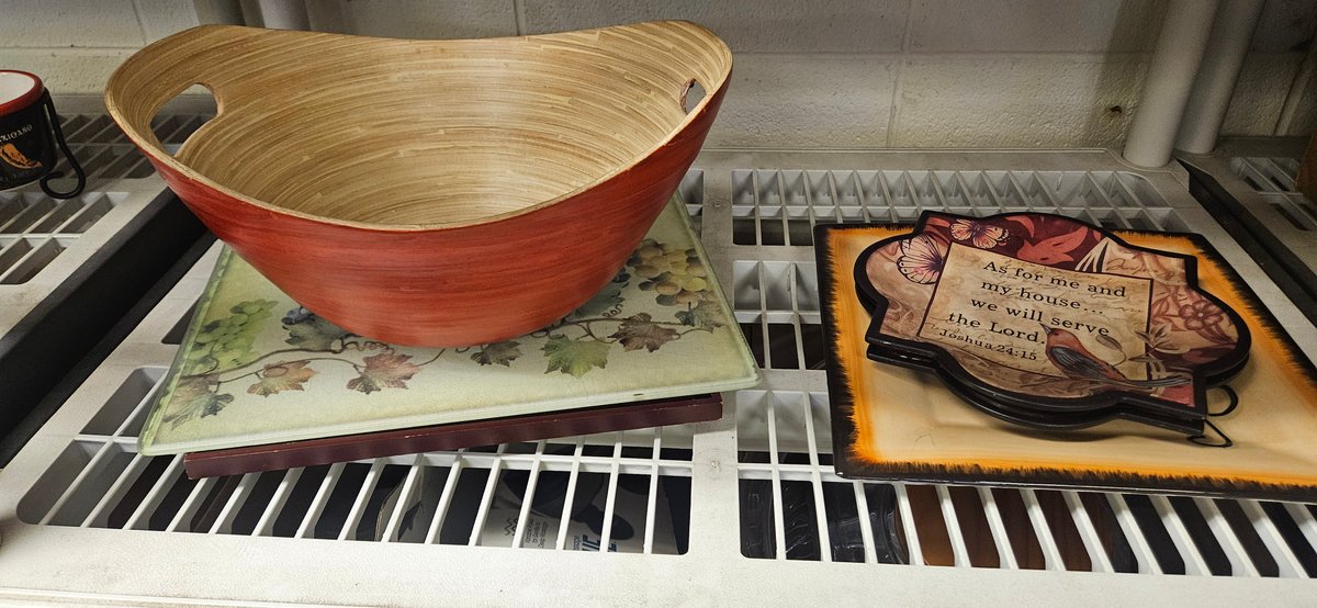 Spun Bamboo Bowl, Glass Cutting Board, and Decorative Plates