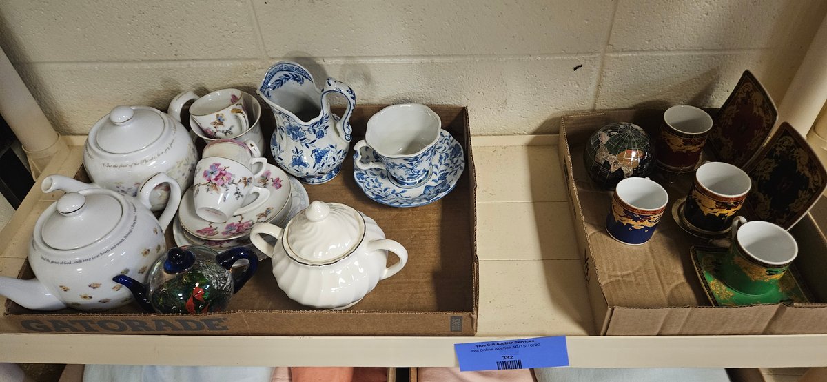 Porcelain Teapots, Cups and Saucers, and Art Glass Paperweight