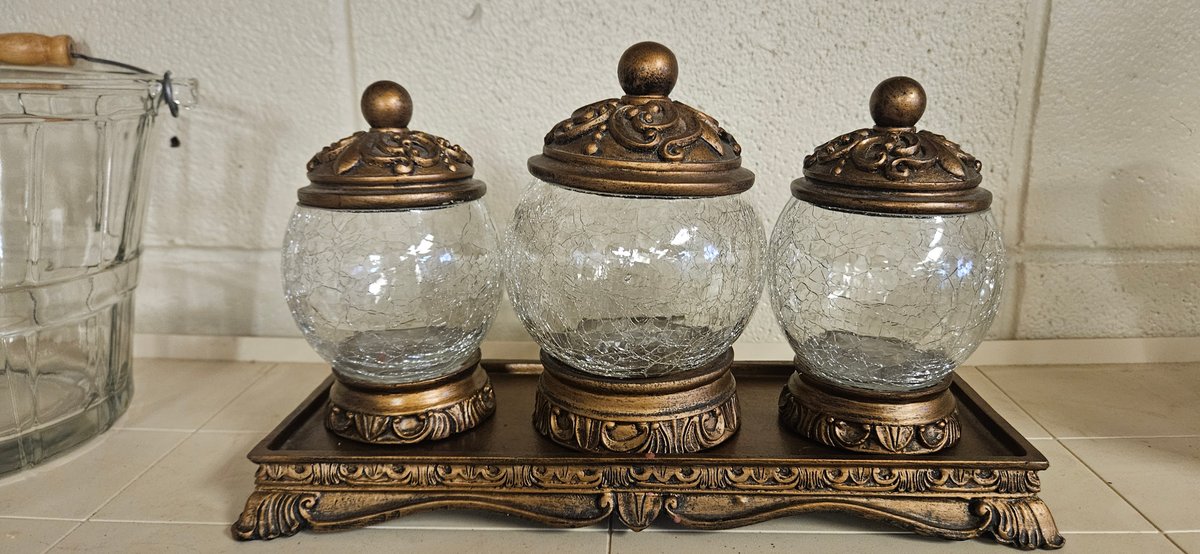 Crackle Glass Canister Set with Footed Tray