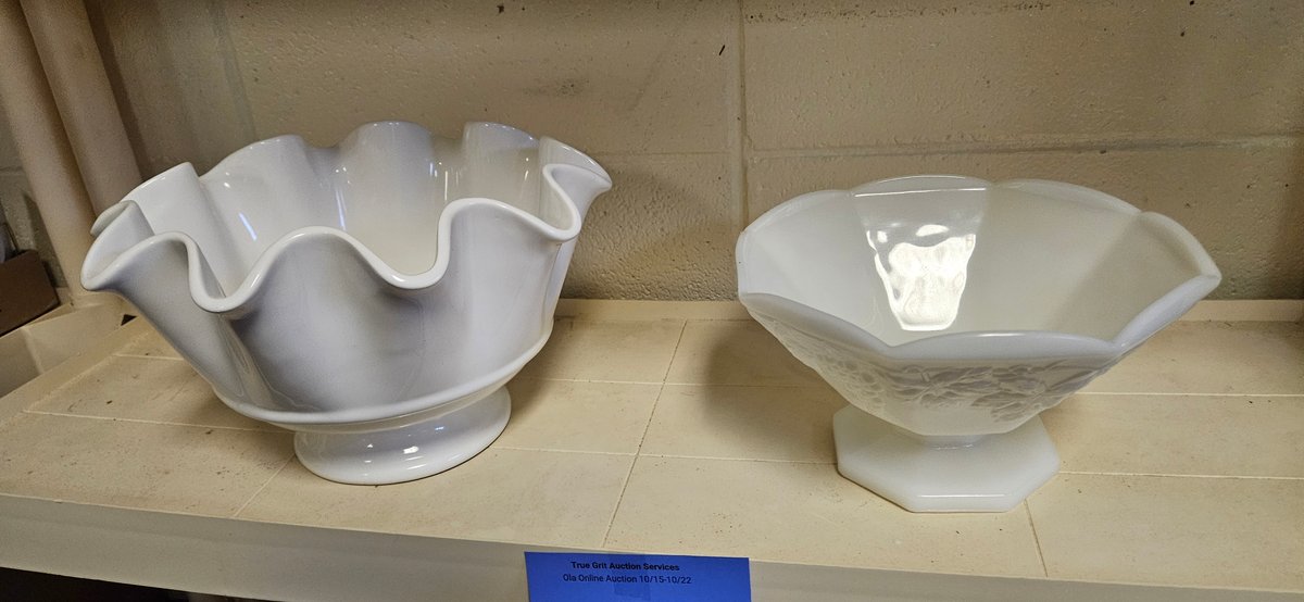 White Milk Glass Ruffled and Octagonal Pedestal Bowls