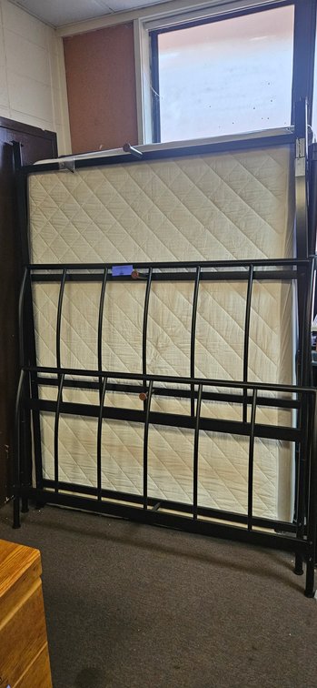 Queen Black Metal Bed Frame and Quilted Mattress