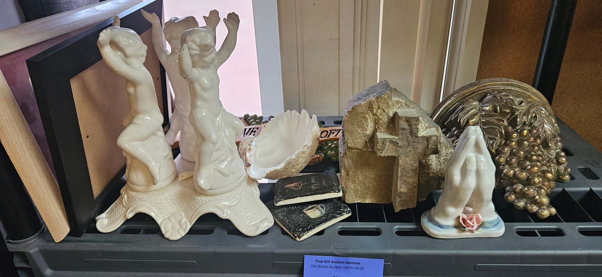 Ceramic Cherub Centerpiece, Carved Stone Cross, and Home Decor