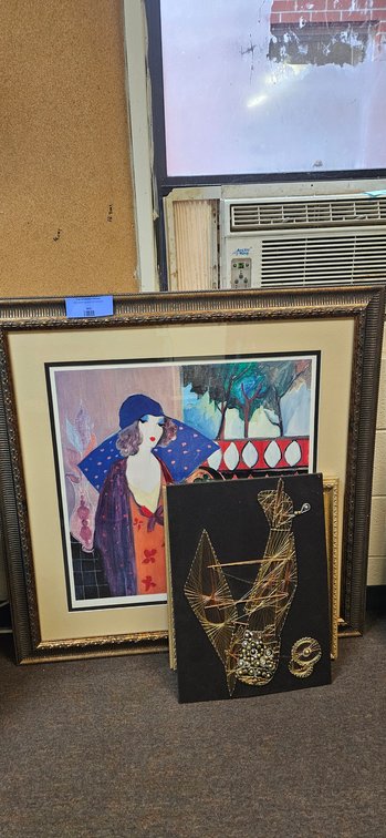 Framed Art Deco Style Print, Floral Print, and String Art