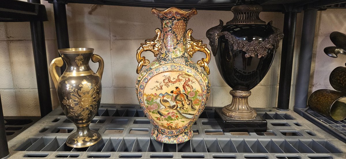 Ceramic Vase, Covered Urn, and Etched Brass Vase