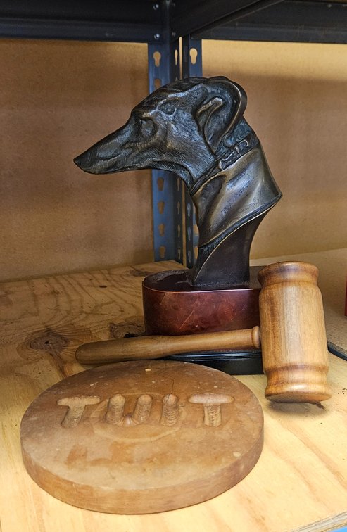 Bronze-Finish Sighthound Bust, Wood Gavel, and Sound Block
