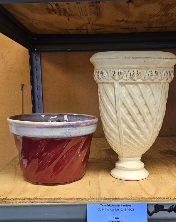 Burgundy Ceramic Pot and Cream Pedestal Urn Vase