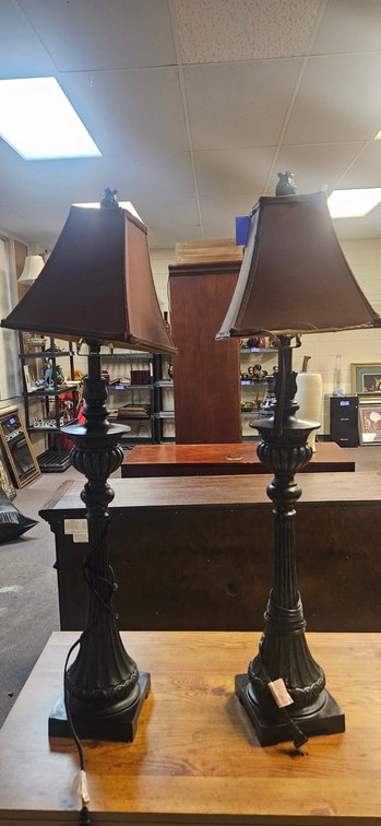 Pair of Dark Bronze-Tone Buffet Lamps with Fabric Shades