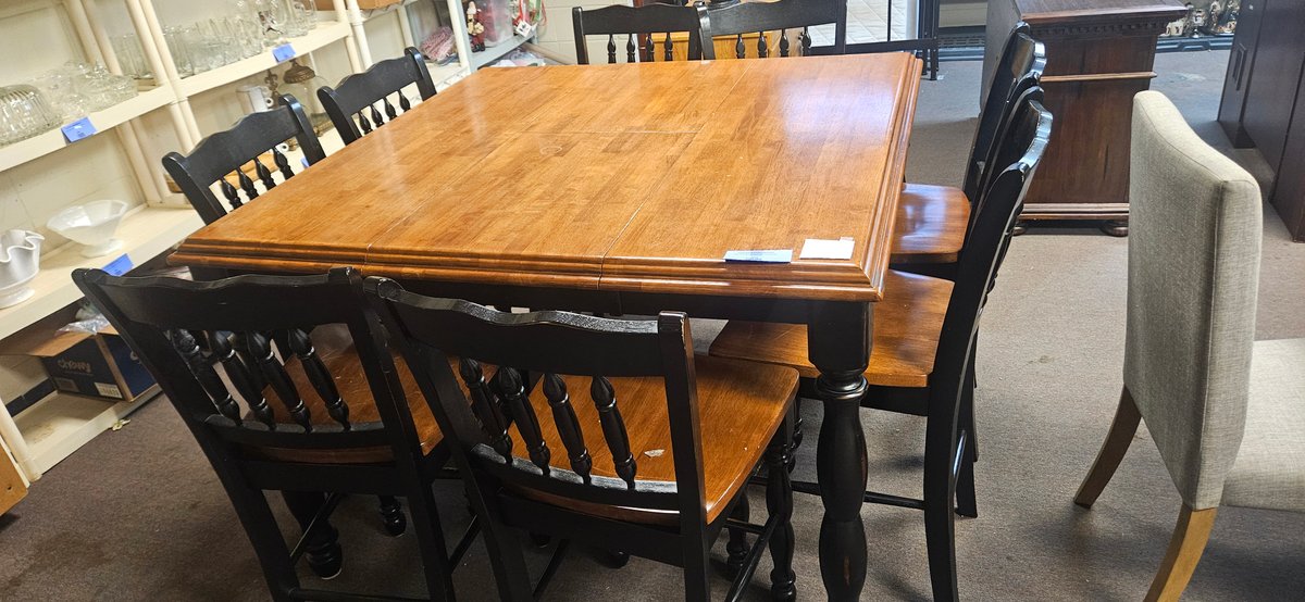 Two-Tone Wood Dining Table with Spindle-Back Chairs
