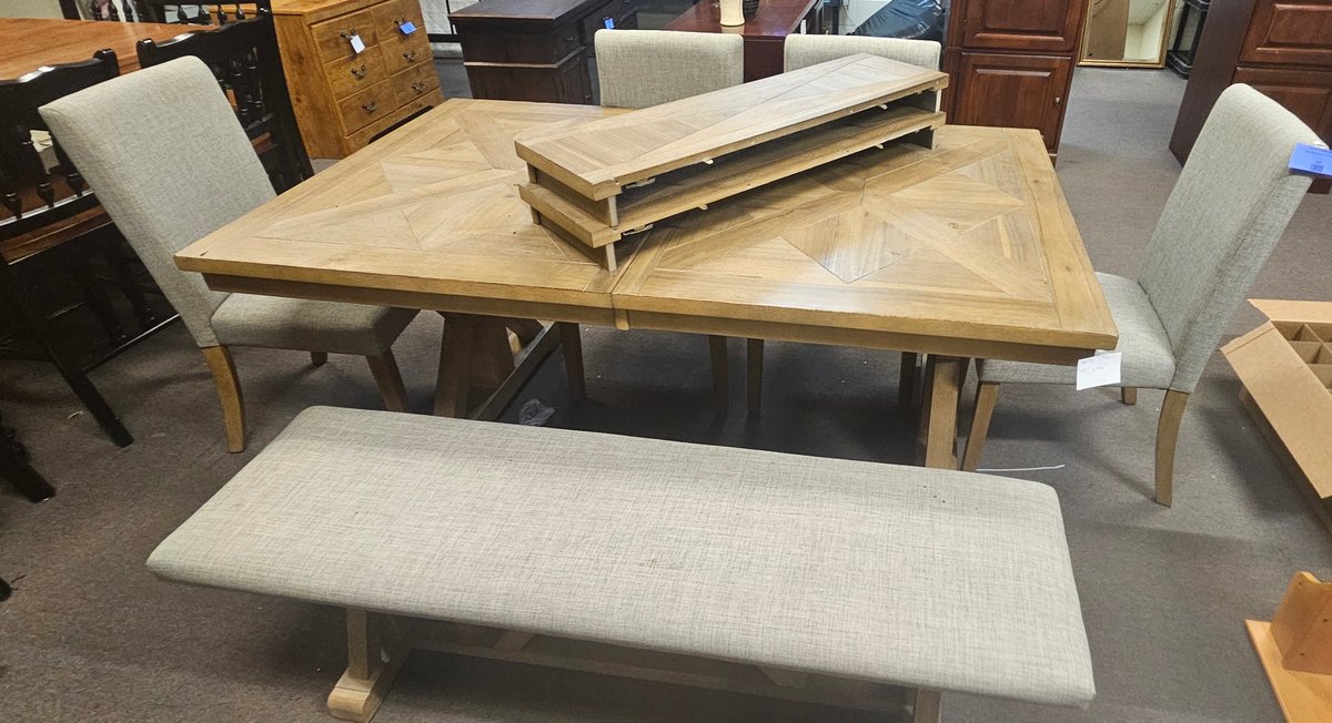 Wood Dining Table with Two Leaves, Four Chairs, and Bench