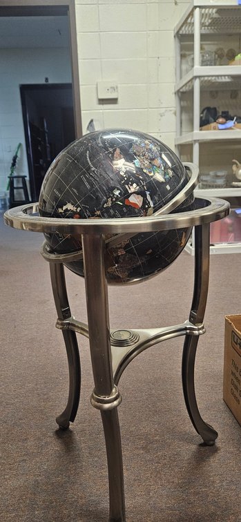 Inlaid Gemstone World Floor Globe on Metal Stand
