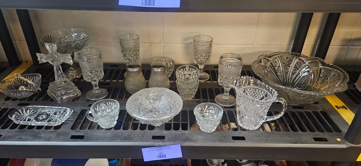Clear Pressed Glass Tableware, Cross Figurine, and More
