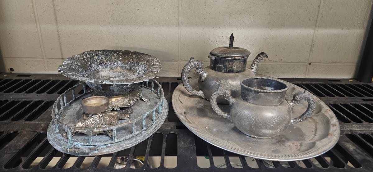 Metal Teapot, Sugar Bowl, Serving Trays, and Hollowware